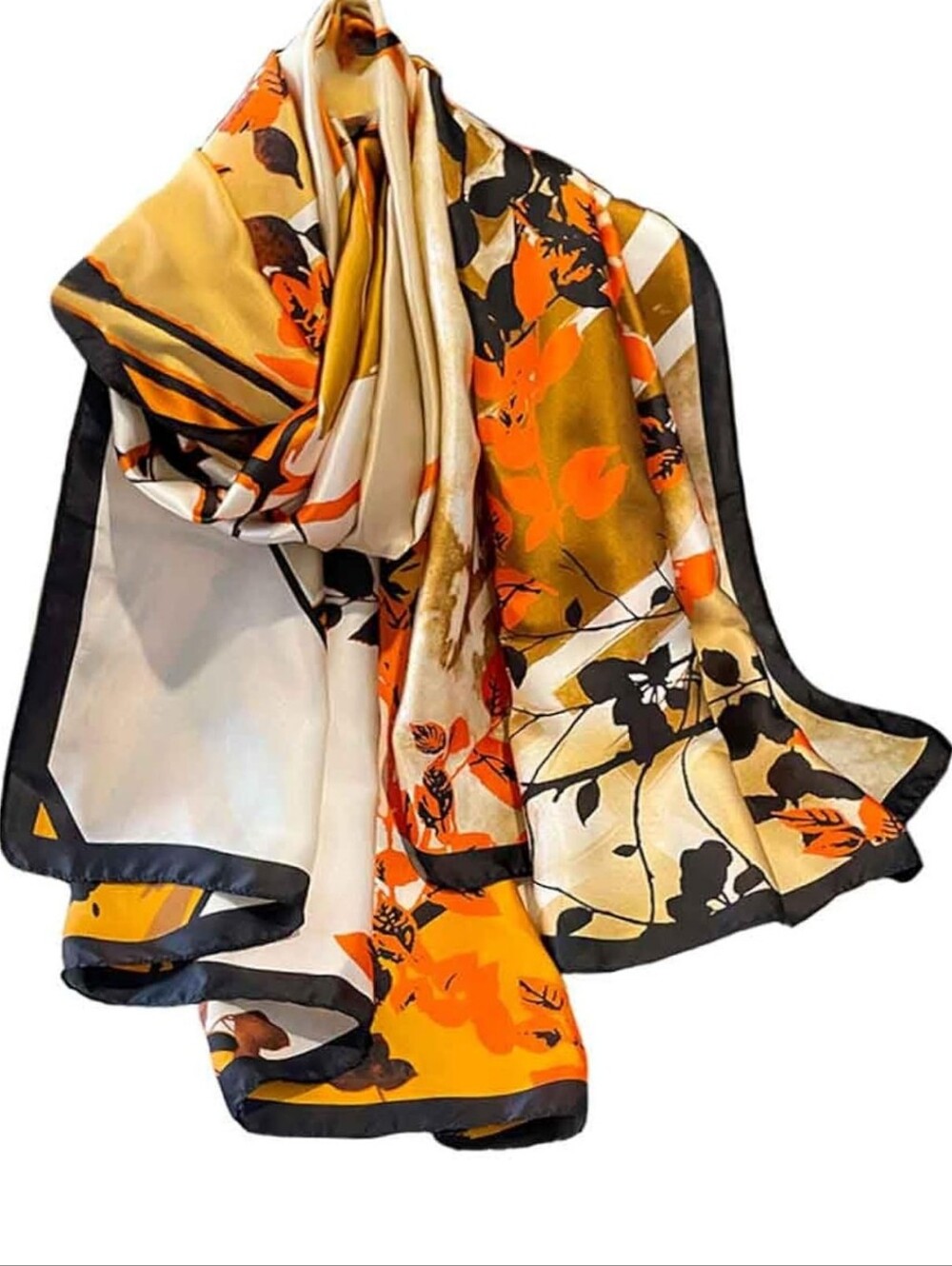 Silk-Feel Floral Print Scarf in Orange, Black & Cream